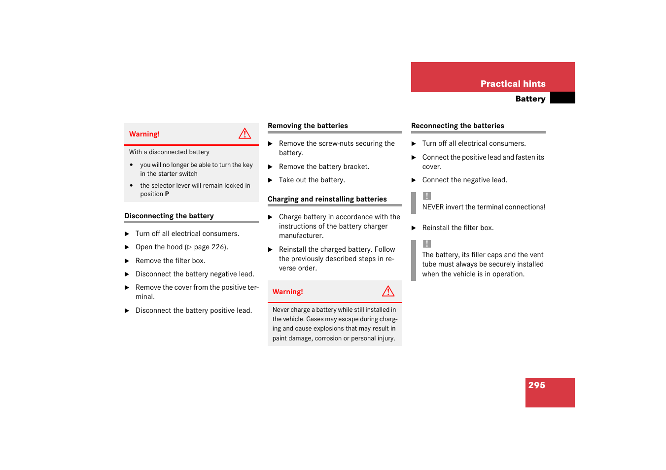 Battery, vehicle:removing;removing:vehicle battery | Mercedes-Benz 2003 C-Class Coupe User Manual | Page 295 / 356