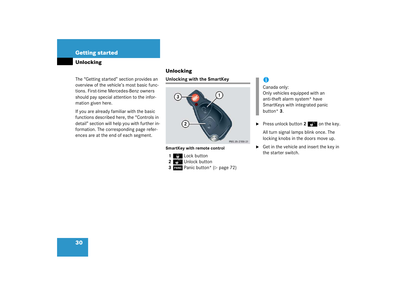 Unlocking, Unlocking with the smartkey | Mercedes-Benz 2003 C-Class Coupe User Manual | Page 30 / 356