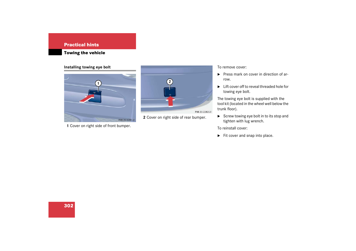 Installing towing eye bolt | Mercedes-Benz 2003 C-Class Coupe User Manual | Page 302 / 356