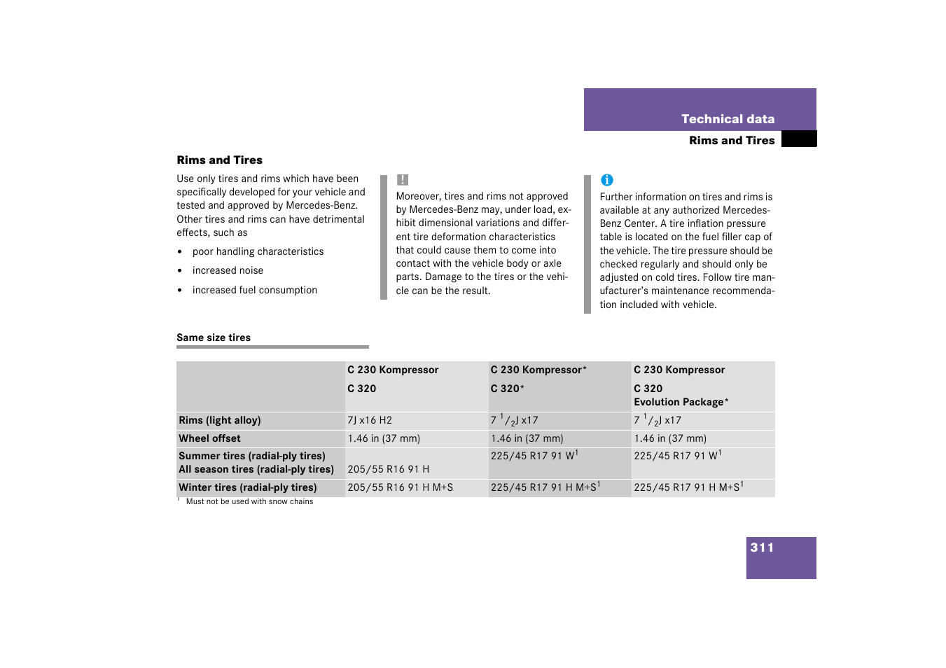 Same size tires, Rims and tires | Mercedes-Benz 2003 C-Class Coupe User Manual | Page 311 / 356