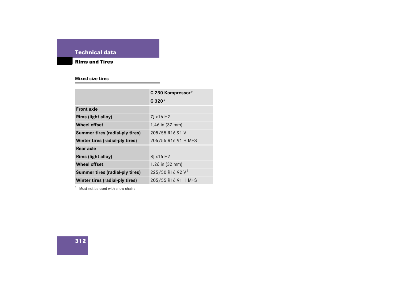 Mixed size tires | Mercedes-Benz 2003 C-Class Coupe User Manual | Page 312 / 356