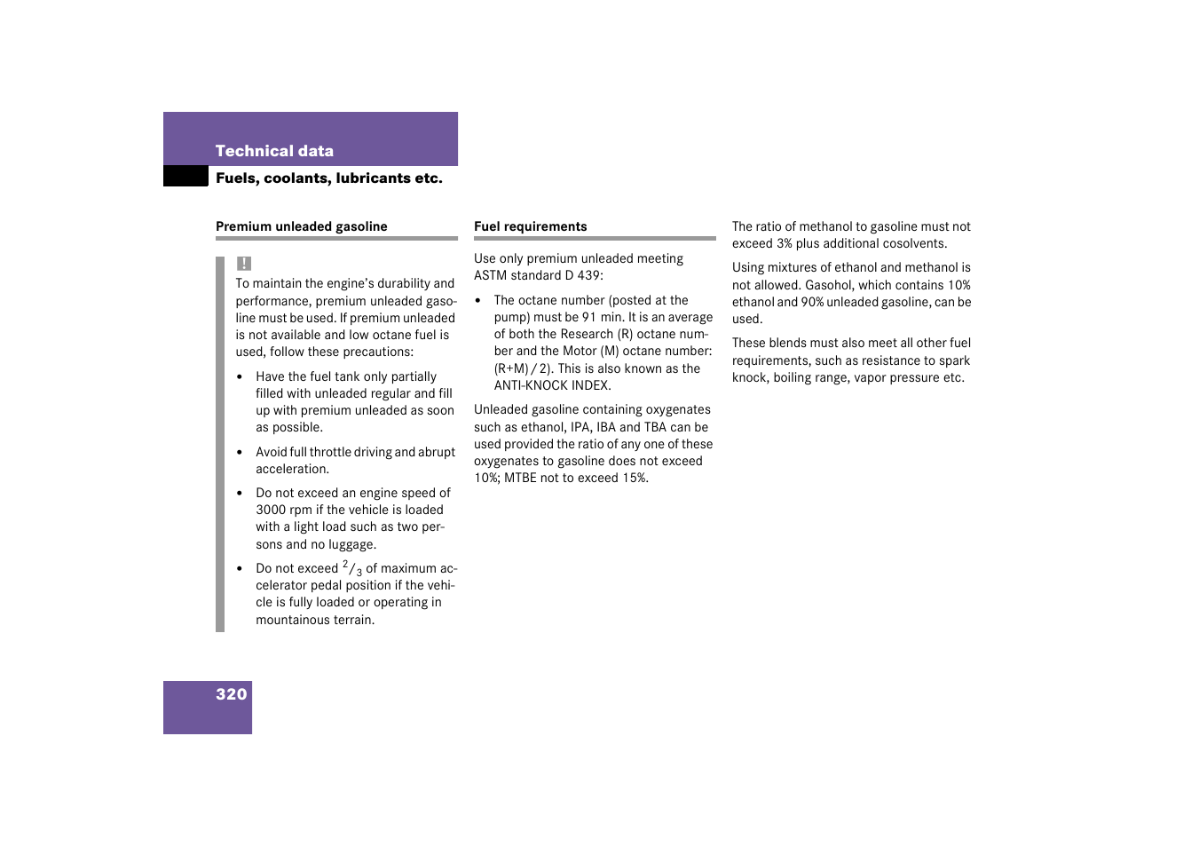 Premium unleaded gasoline fuel requirements | Mercedes-Benz 2003 C-Class Coupe User Manual | Page 320 / 356