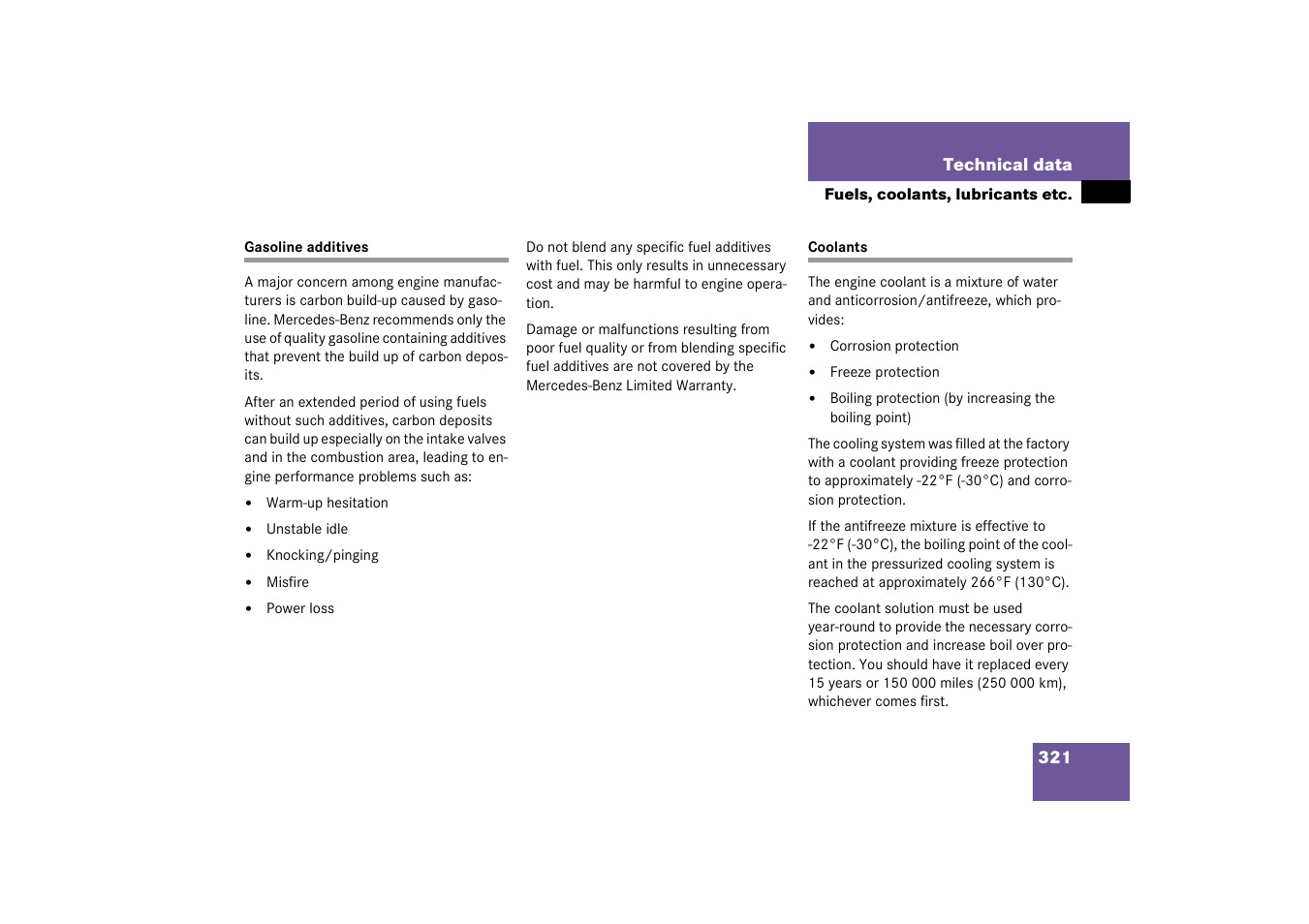 Coolant;technical data:coolants, Gasoline additives coolants | Mercedes-Benz 2003 C-Class Coupe User Manual | Page 321 / 356