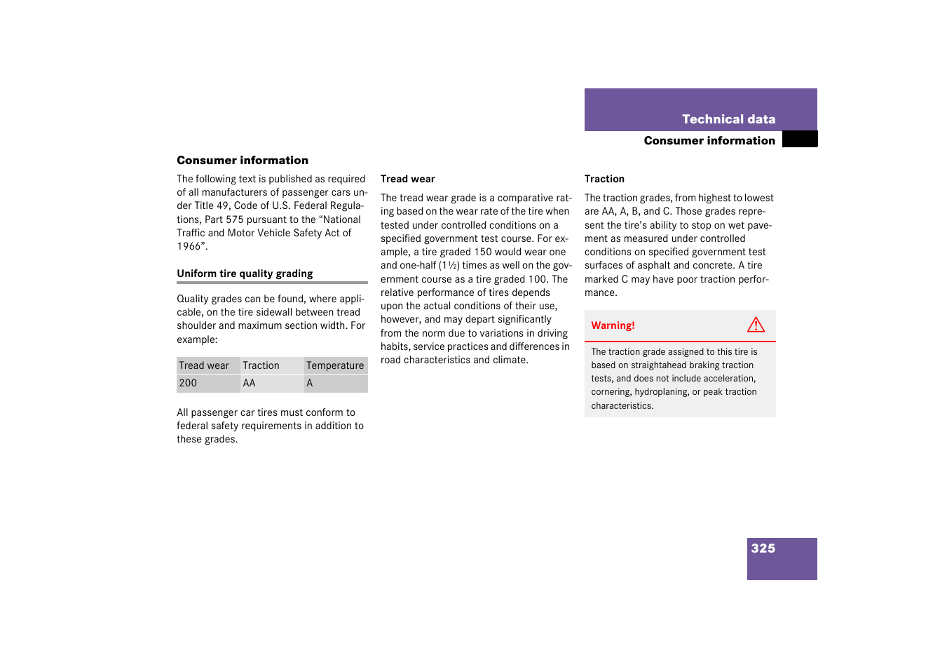 Consumer information;tires:consumer information, Uniform tire quality grading, Consumer information | Mercedes-Benz 2003 C-Class Coupe User Manual | Page 325 / 356