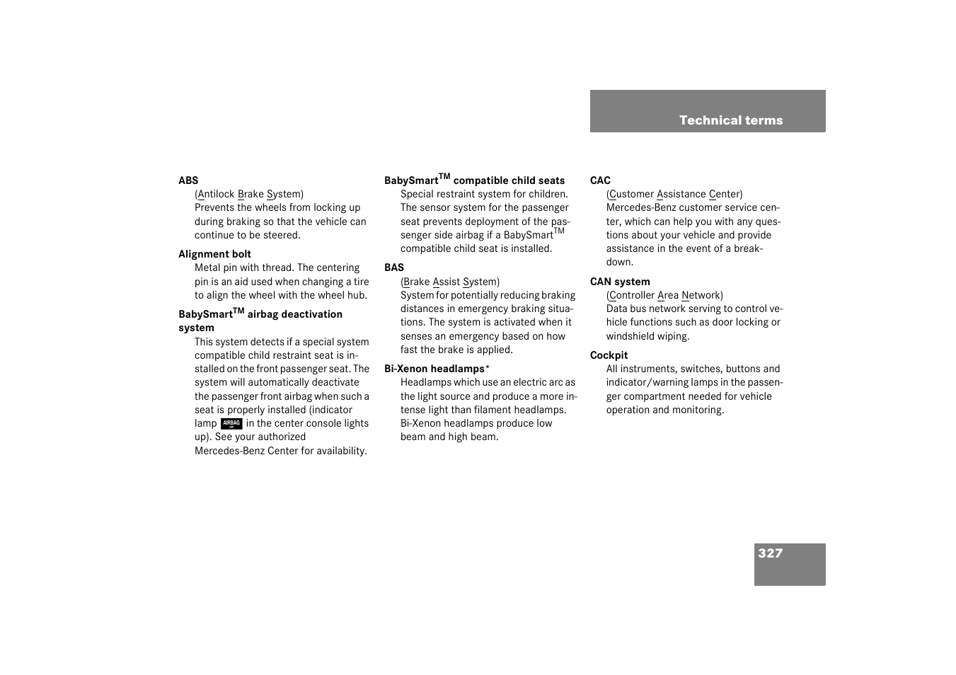 Technical terms | Mercedes-Benz 2003 C-Class Coupe User Manual | Page 327 / 356