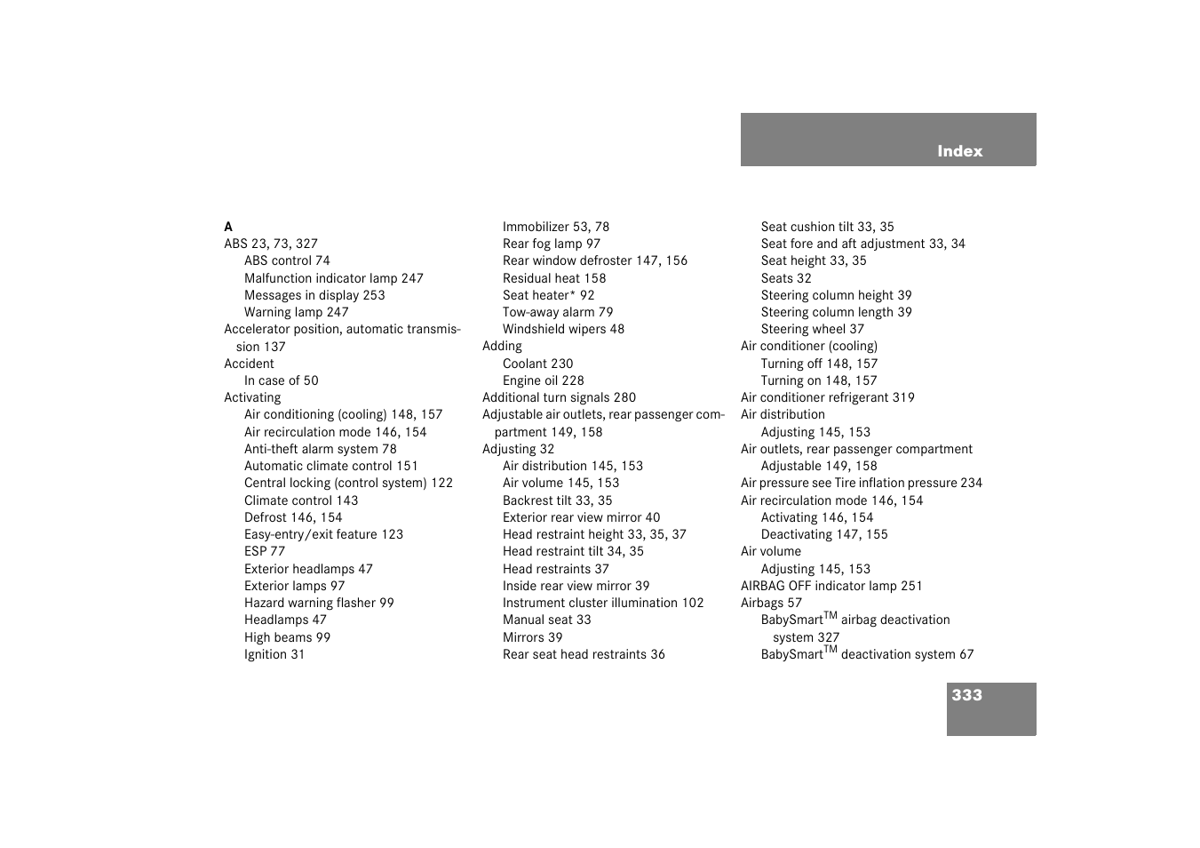 Index | Mercedes-Benz 2003 C-Class Coupe User Manual | Page 333 / 356