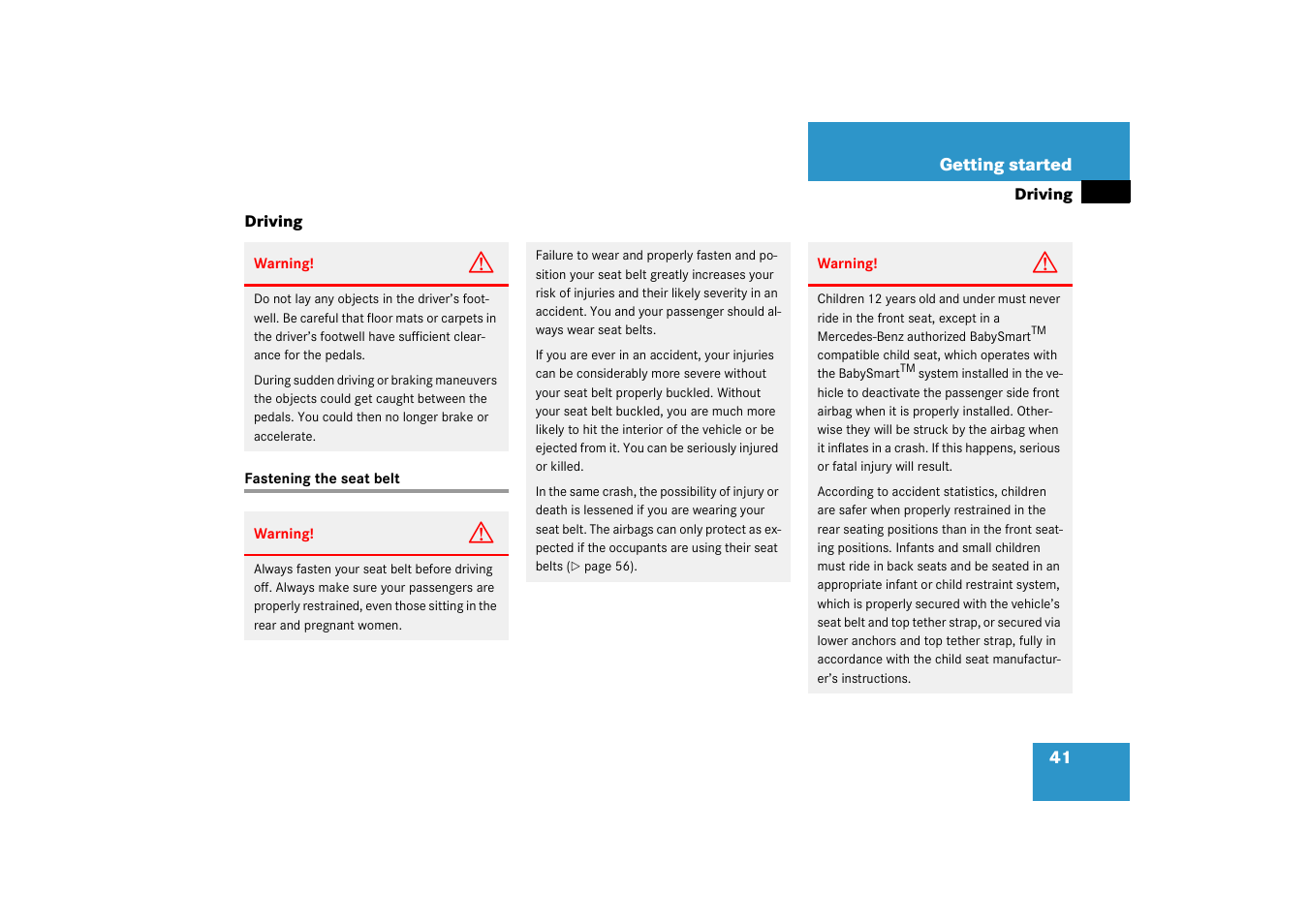 Driving:general instructions, Driving, Fastening the seat belt | Mercedes-Benz 2003 C-Class Coupe User Manual | Page 41 / 356