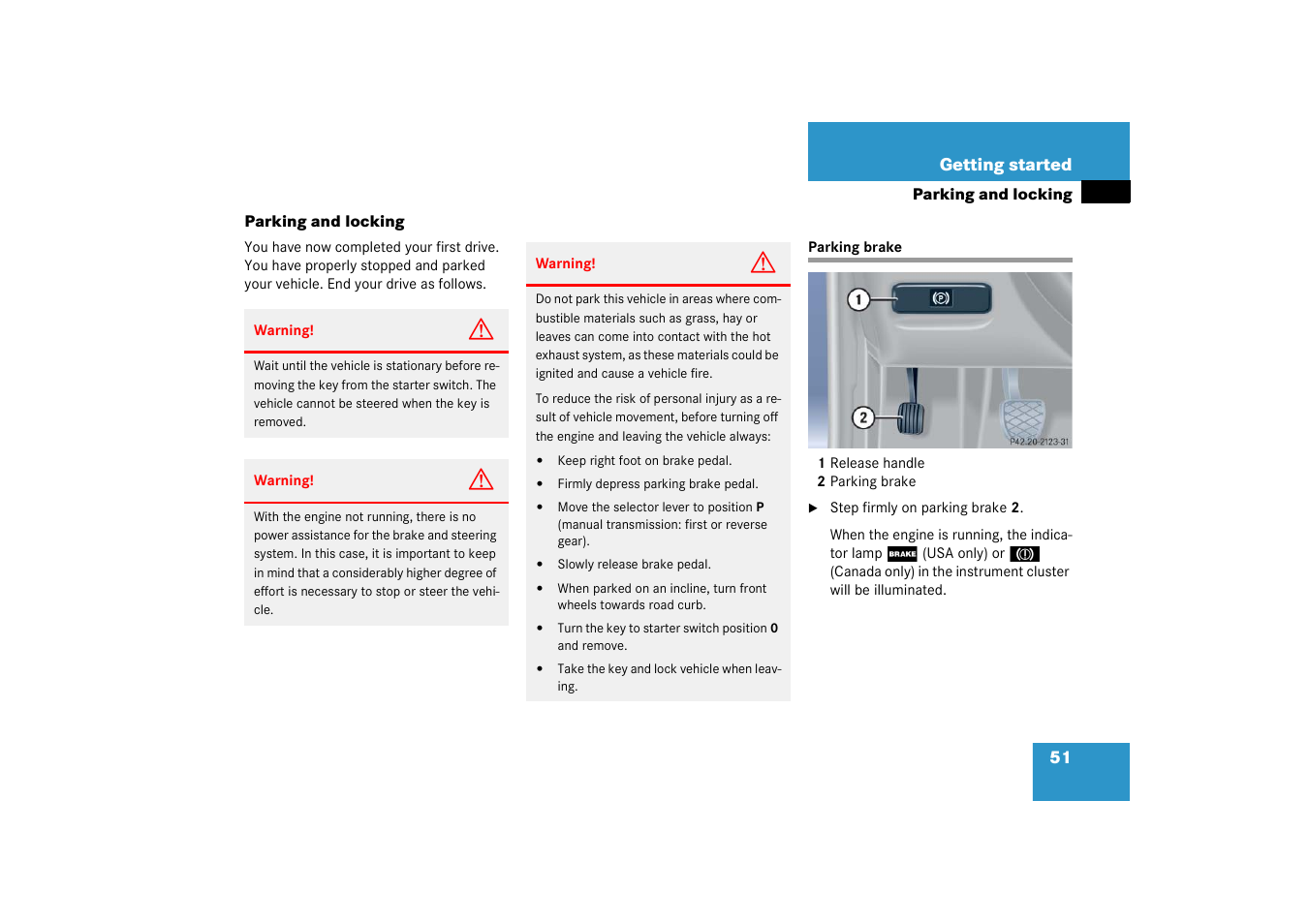 Parking;locking, Parking brake:engaging, Parking and locking | Parking brake | Mercedes-Benz 2003 C-Class Coupe User Manual | Page 51 / 356