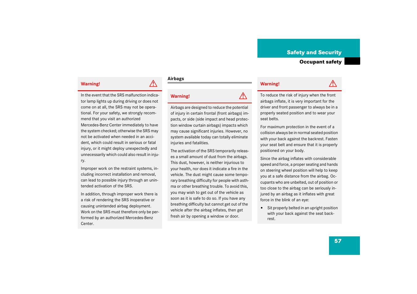 Airbags;occupant safety:airbags, Airbags | Mercedes-Benz 2003 C-Class Coupe User Manual | Page 57 / 356