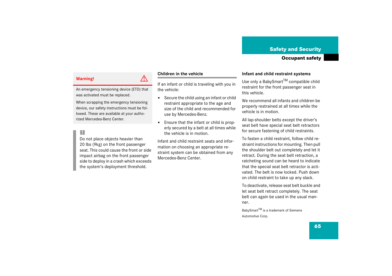 Children in the vehicle | Mercedes-Benz 2003 C-Class Coupe User Manual | Page 65 / 356