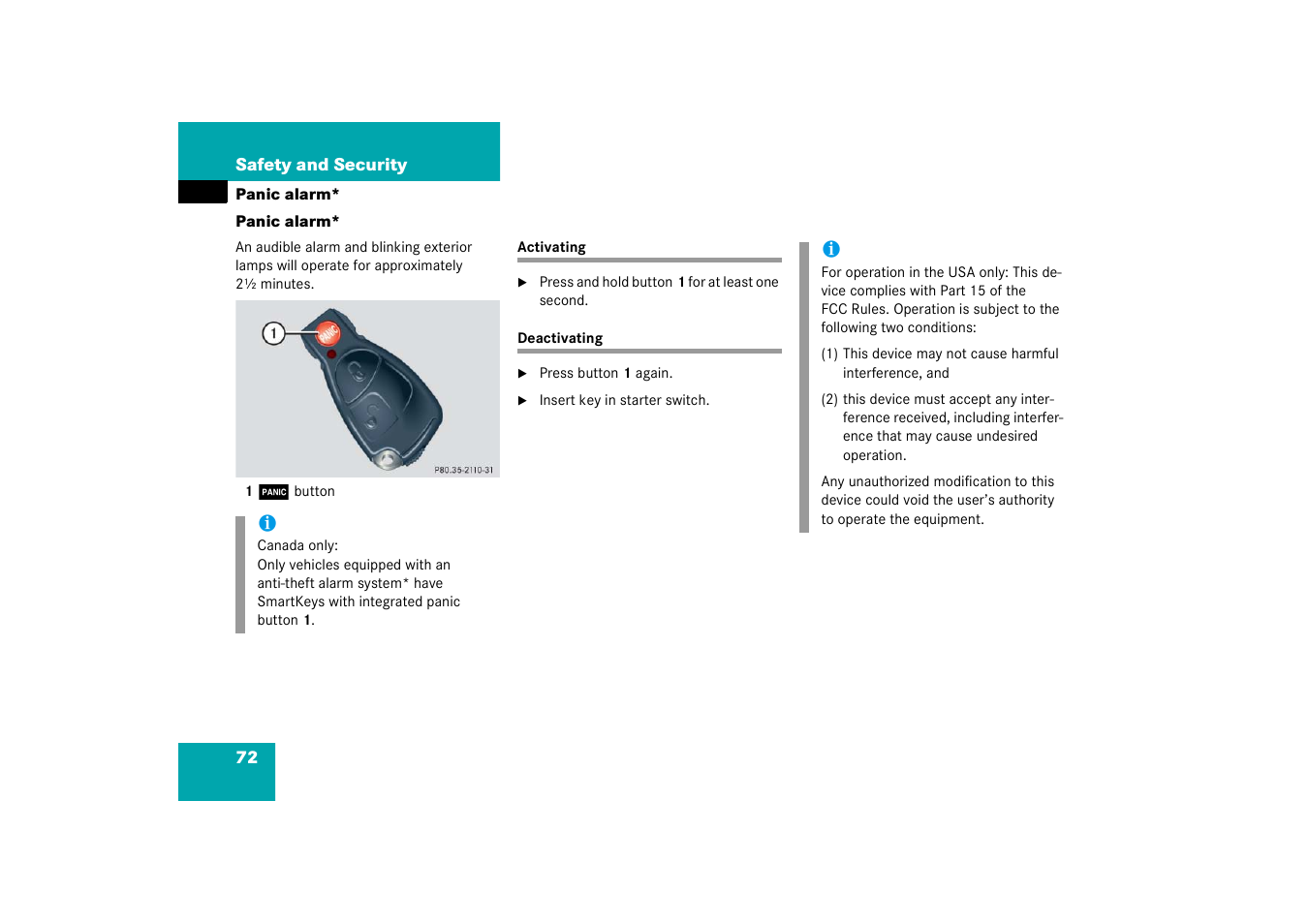 Panic alarm;panic alarm:panic button on smartkey, Activating, Deactivating | Panic alarm, Activating deactivating | Mercedes-Benz 2003 C-Class Coupe User Manual | Page 72 / 356