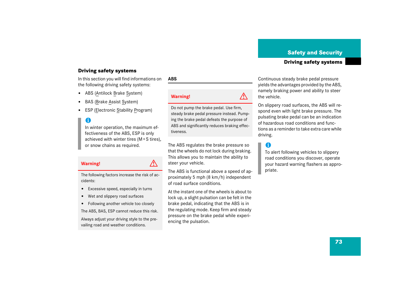 Driving safety systems:abs;abs, Driving safety systems | Mercedes-Benz 2003 C-Class Coupe User Manual | Page 73 / 356