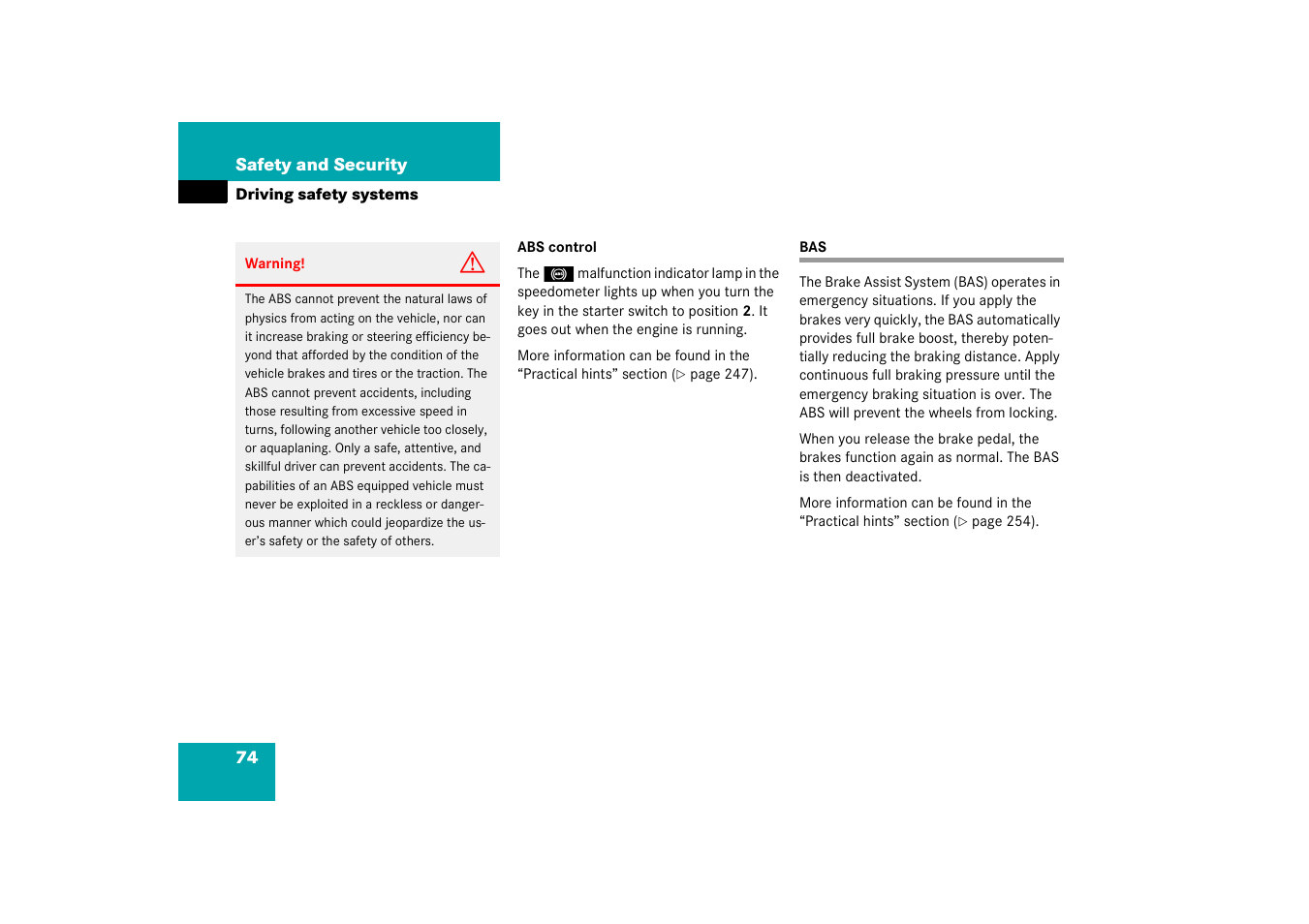 Driving safety systems:bas;bas | Mercedes-Benz 2003 C-Class Coupe User Manual | Page 74 / 356