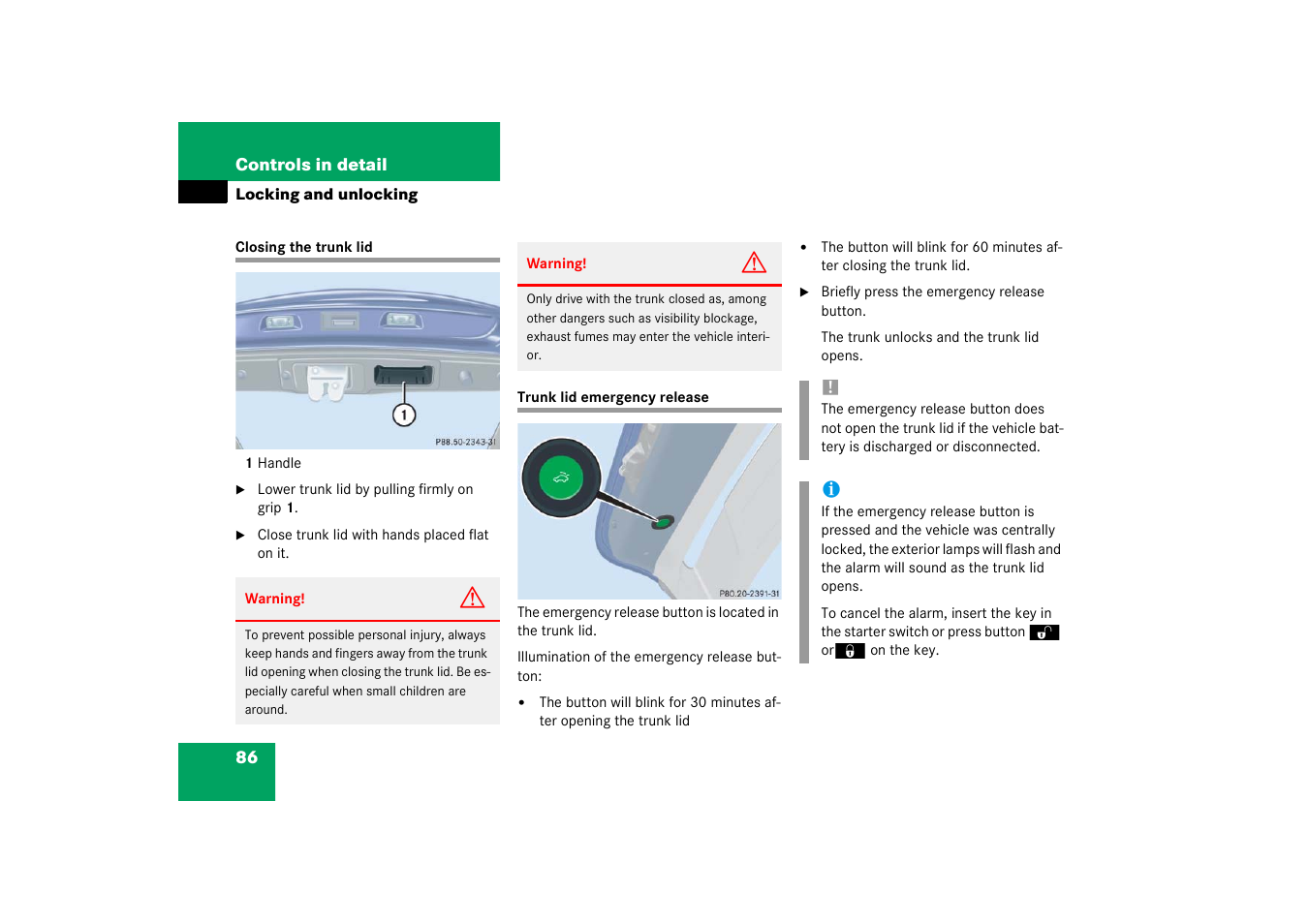 Trunk lid:closing;closing:trunk lid, Closing the trunk lid trunk lid emergency release | Mercedes-Benz 2003 C-Class Coupe User Manual | Page 86 / 356