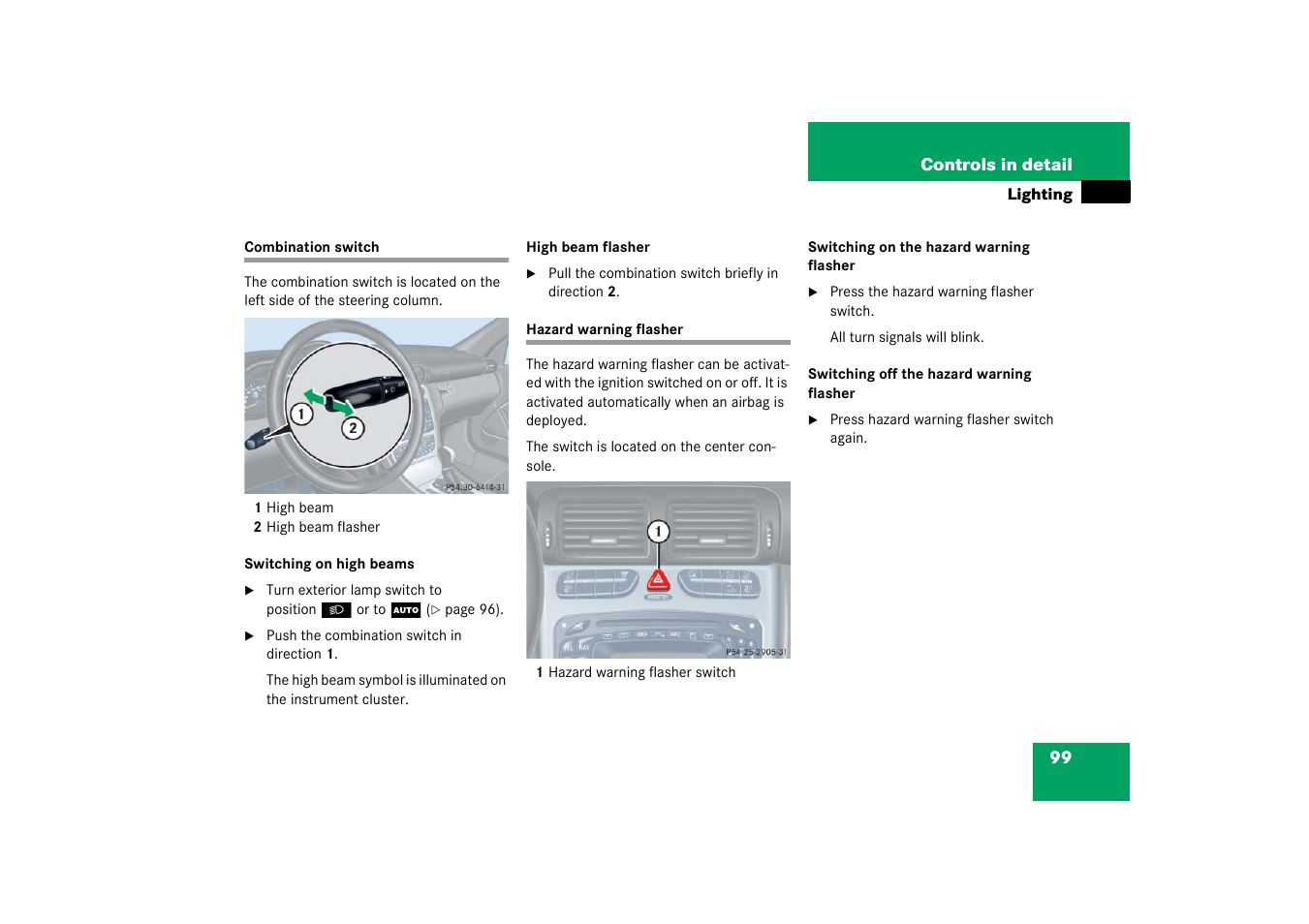 Combination switch, Hazard warning flasher, Combination switch hazard warning flasher | Mercedes-Benz 2003 C-Class Coupe User Manual | Page 99 / 356