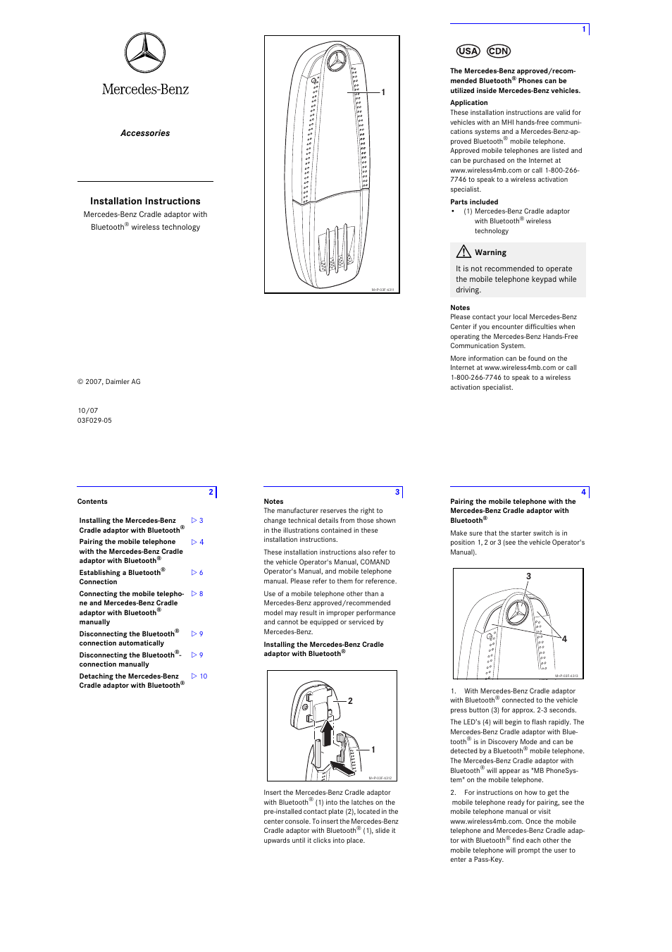 Mercedes-Benz CRADLE ADAPTOR 03F029-05 User Manual | 2 pages