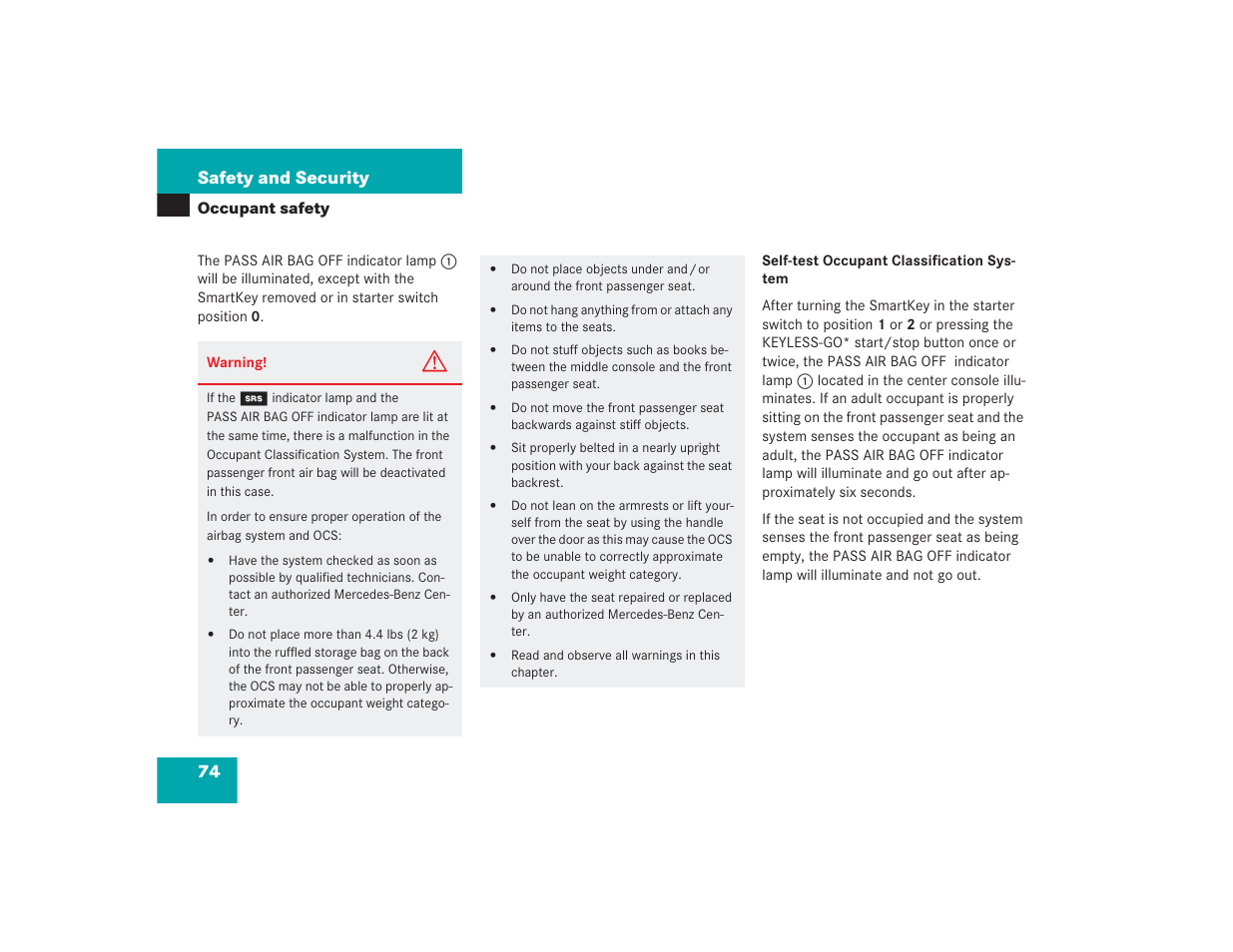 74 safety and security | Mercedes-Benz 2004 E 55 AMG User Manual | Page 75 / 451