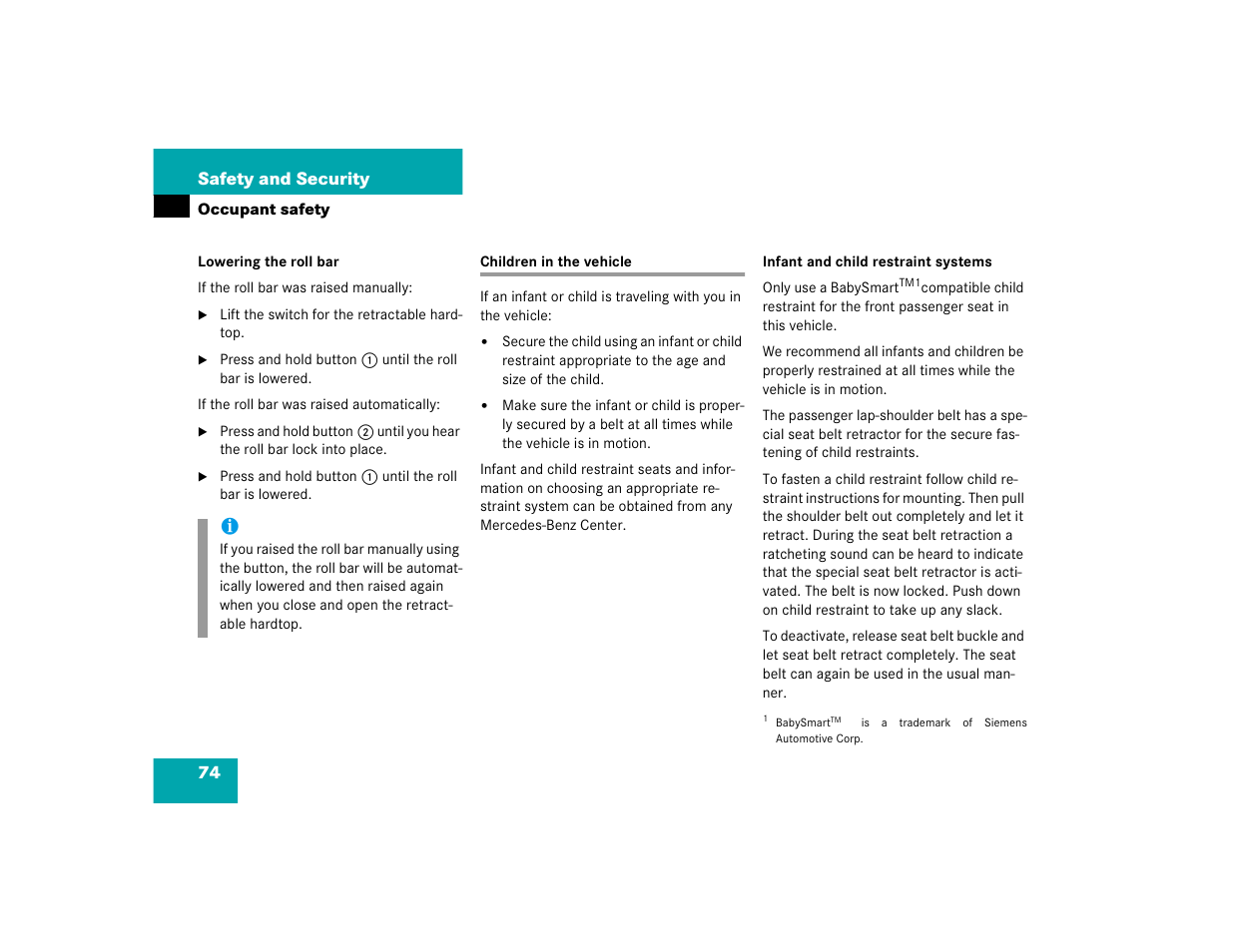 74 safety and security | Mercedes-Benz SL-Class User Manual | Page 76 / 474