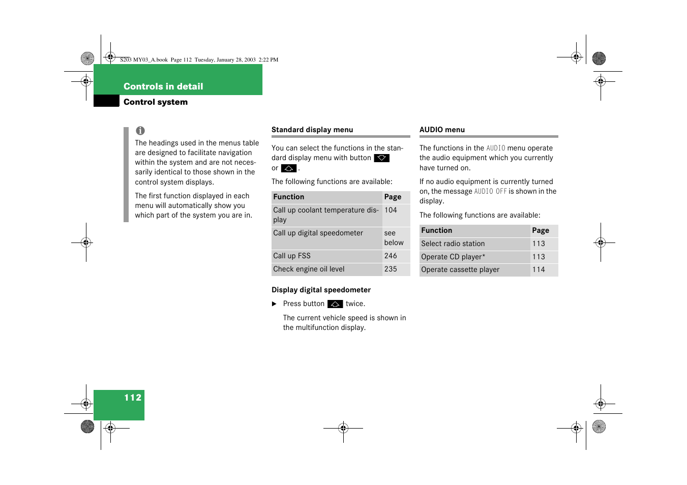 Menus:audio;control system:audio menu;audio menu | Mercedes-Benz 2003 C 240 4MATIC User Manual | Page 106 / 370