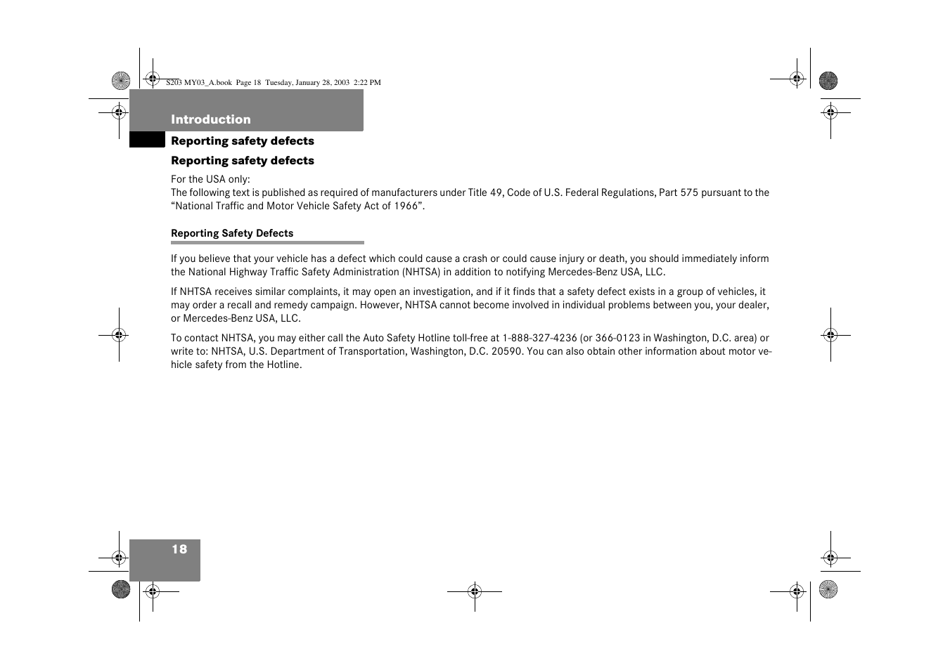 Safety defects:reporting;reporting:safety defects, Reporting safety defects | Mercedes-Benz 2003 C 240 4MATIC User Manual | Page 12 / 370