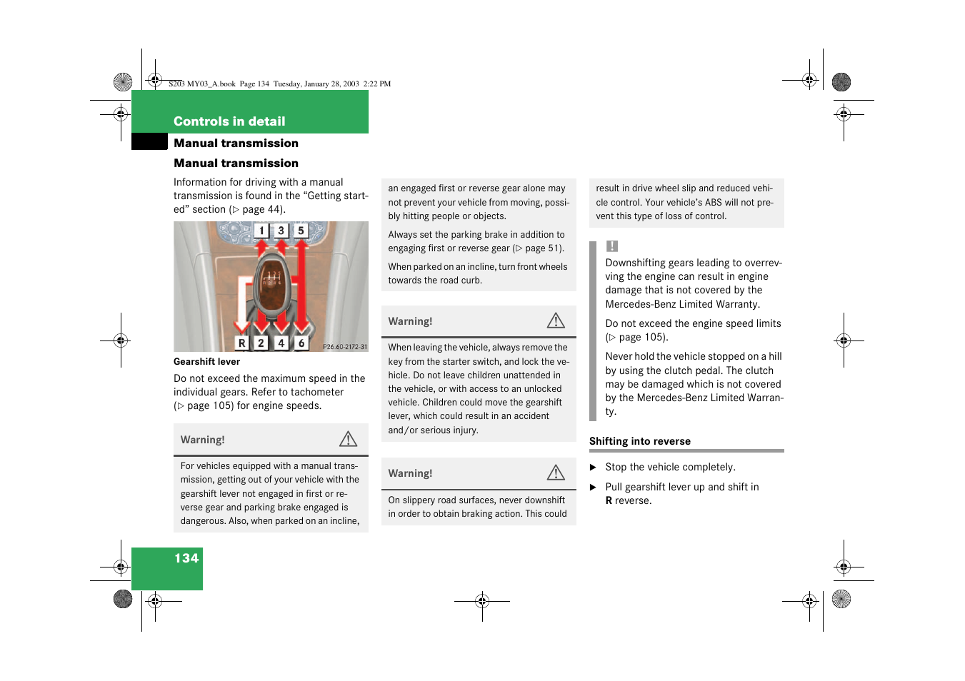 Manual transmission | Mercedes-Benz 2003 C 240 4MATIC User Manual | Page 128 / 370