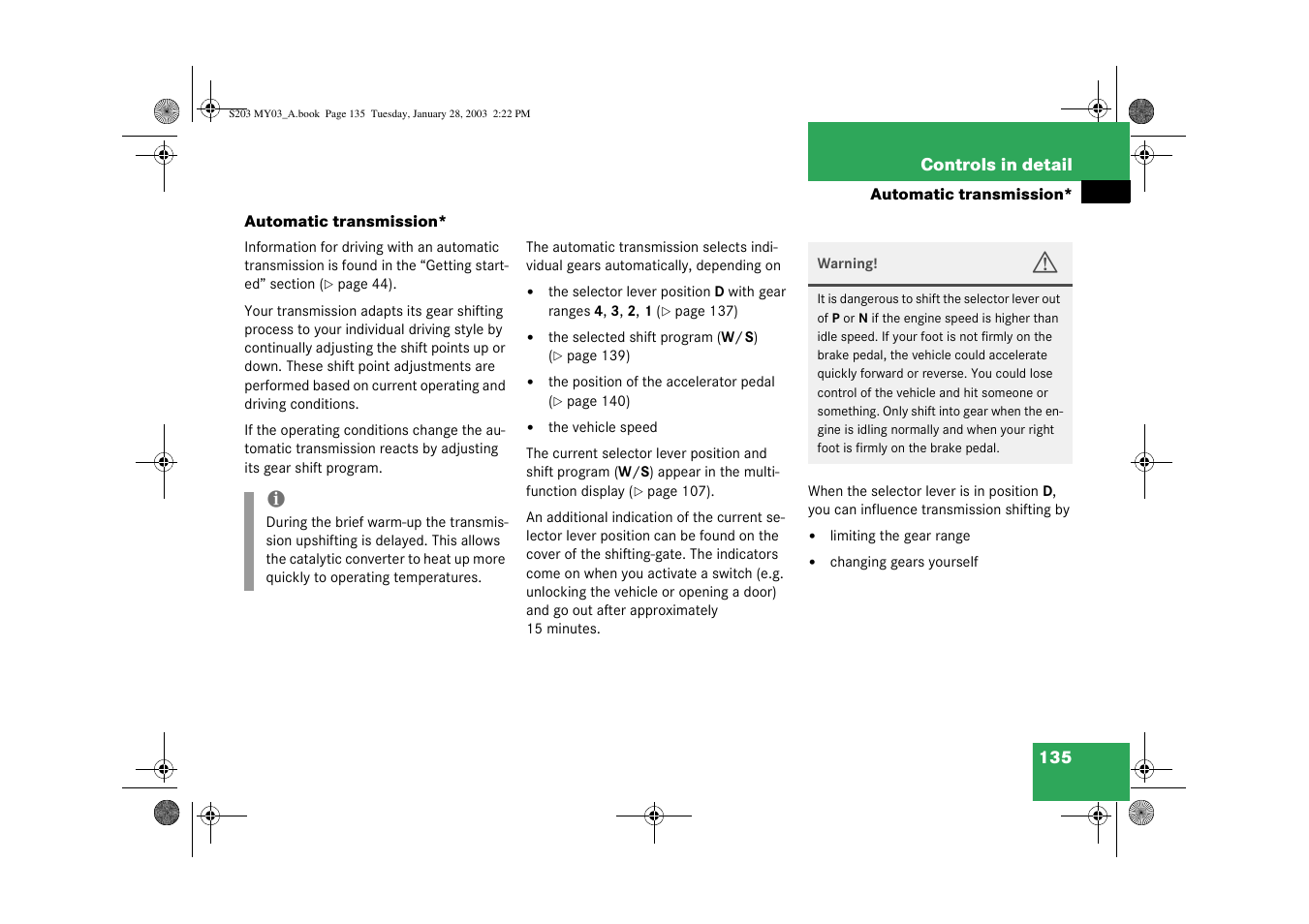 66305: u2_ueberschrift2: automatikgetriebe, Automatic transmission | Mercedes-Benz 2003 C 240 4MATIC User Manual | Page 129 / 370