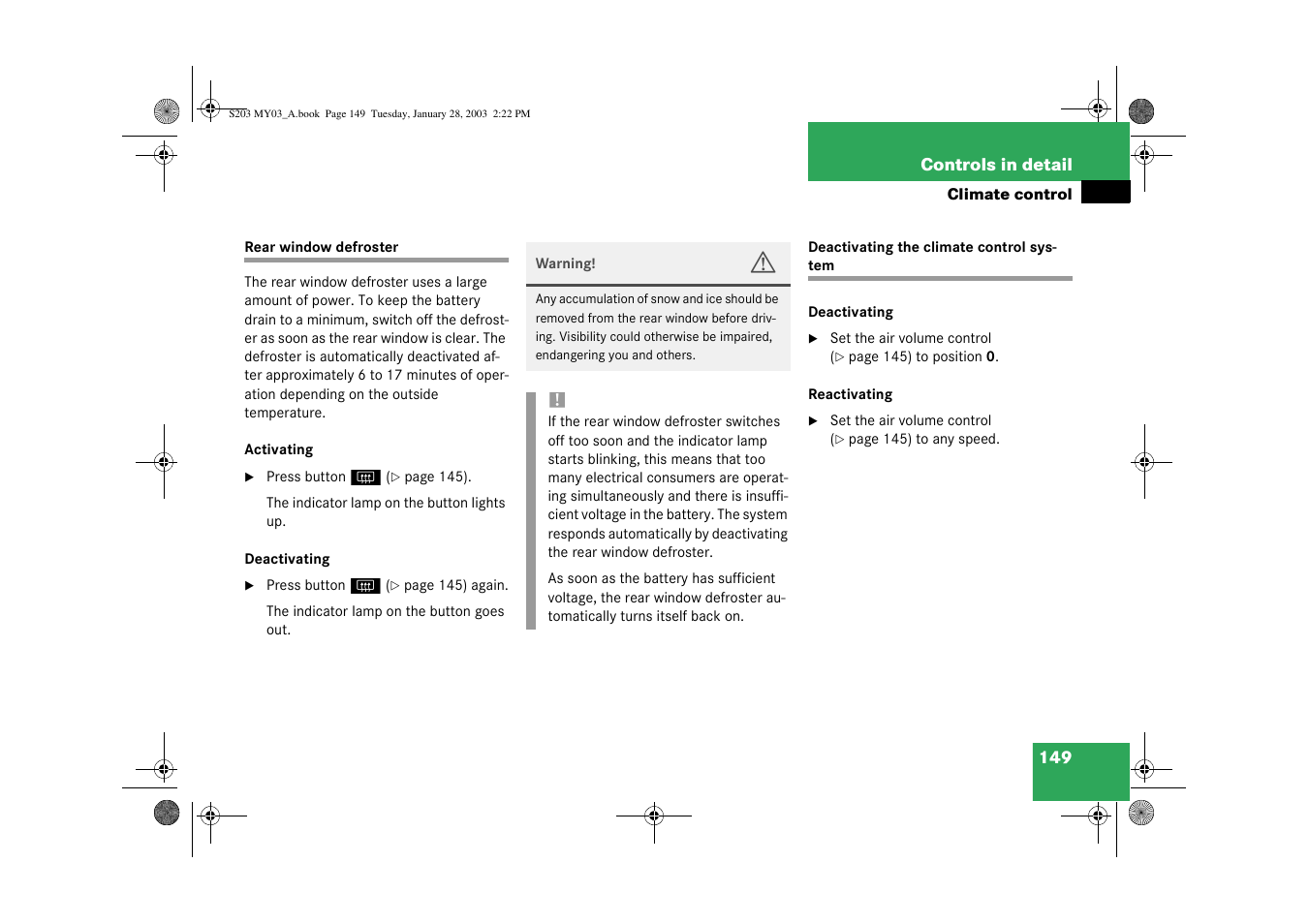 Deactivating the climate control system | Mercedes-Benz 2003 C 240 4MATIC User Manual | Page 143 / 370