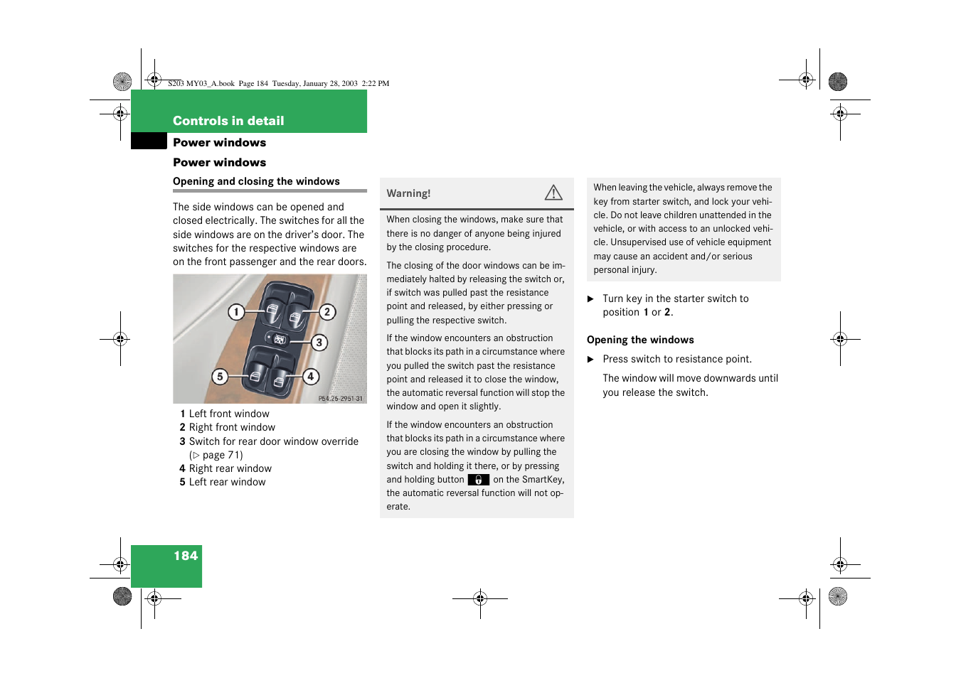Power windows;power windows:side windows, Power windows | Mercedes-Benz 2003 C 240 4MATIC User Manual | Page 178 / 370