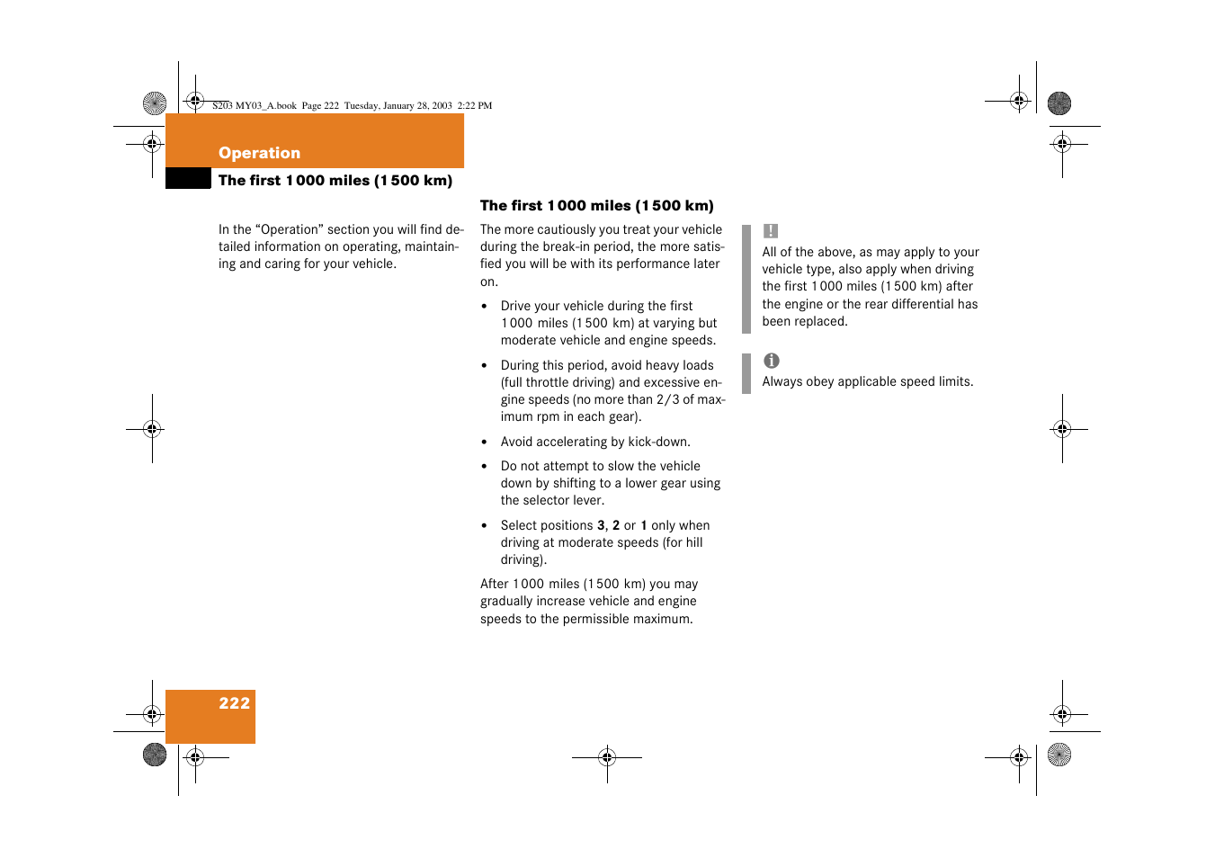 The first 1000 miles (1500 km) | Mercedes-Benz 2003 C 240 4MATIC User Manual | Page 216 / 370