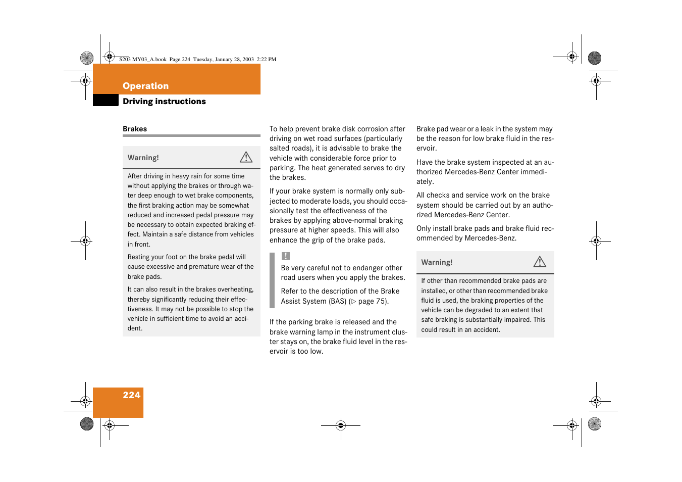 Brakes | Mercedes-Benz 2003 C 240 4MATIC User Manual | Page 218 / 370