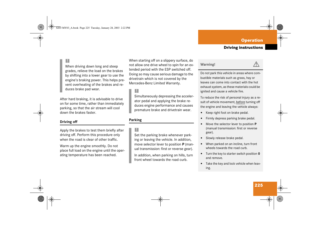 Driving off, Parking | Mercedes-Benz 2003 C 240 4MATIC User Manual | Page 219 / 370