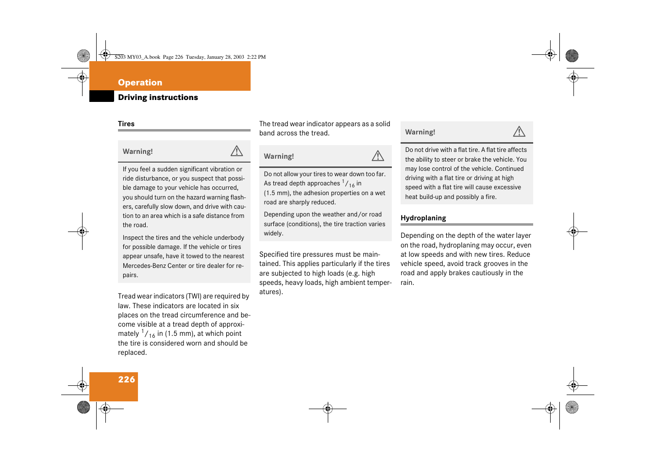 Tires:driving instructions | Mercedes-Benz 2003 C 240 4MATIC User Manual | Page 220 / 370