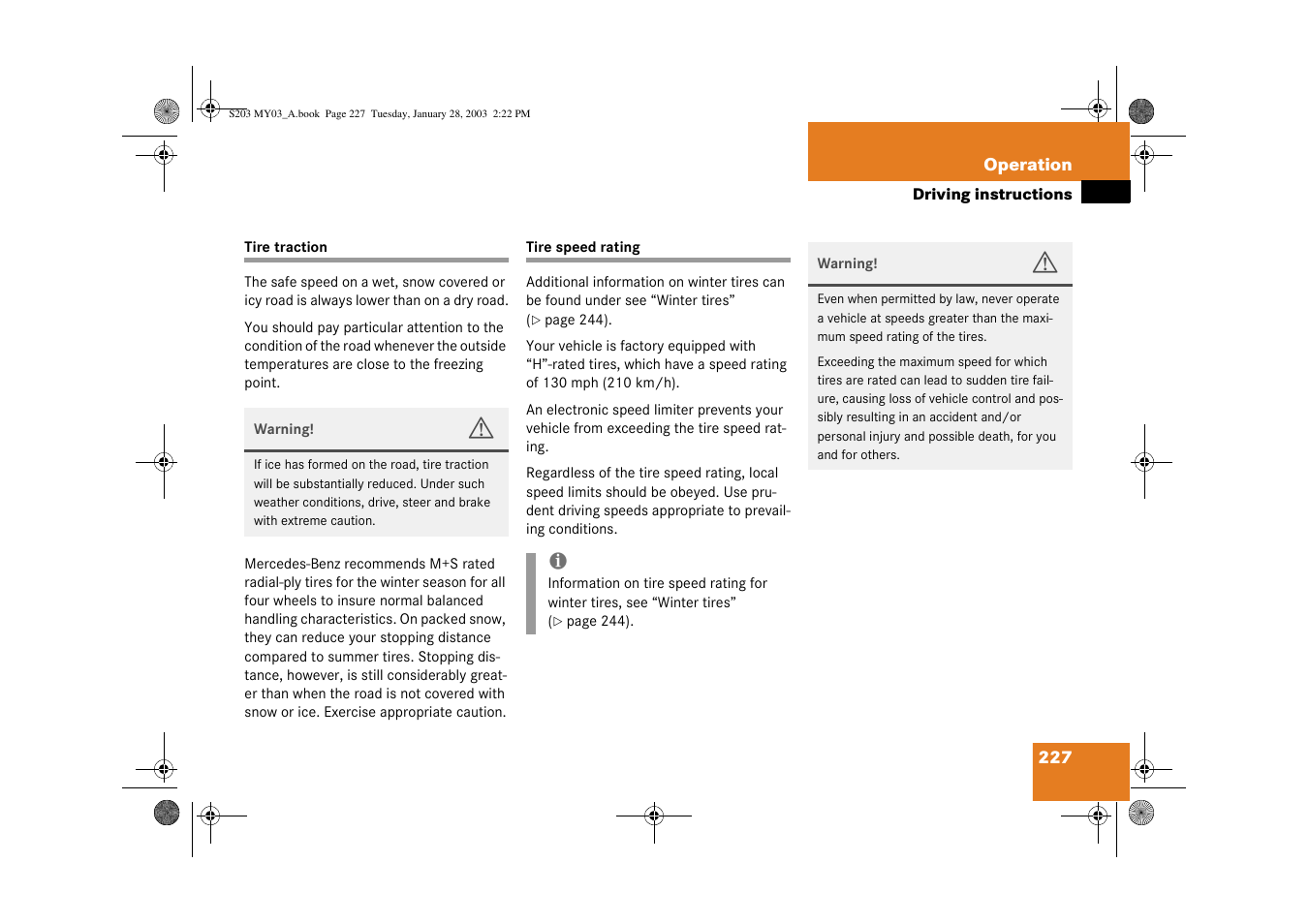 Tire traction, Tire speed rating | Mercedes-Benz 2003 C 240 4MATIC User Manual | Page 221 / 370
