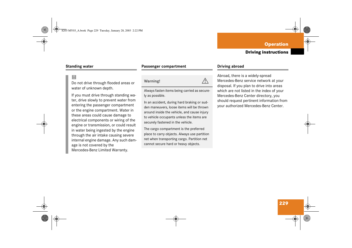 Passenger compartment, Traveling abroad;driving:traveling abroad | Mercedes-Benz 2003 C 240 4MATIC User Manual | Page 223 / 370