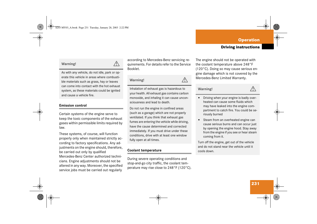 Emission control, Coolant:temperature | Mercedes-Benz 2003 C 240 4MATIC User Manual | Page 225 / 370
