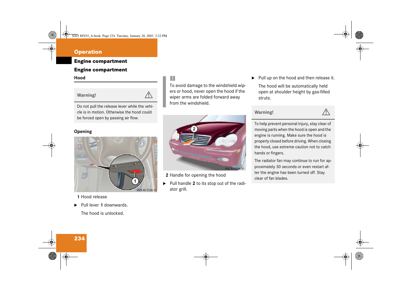 Engine:compartment;engine compartment, Hood;engine compartment:hood;hood:opening, Engine compartment | G hood | Mercedes-Benz 2003 C 240 4MATIC User Manual | Page 228 / 370