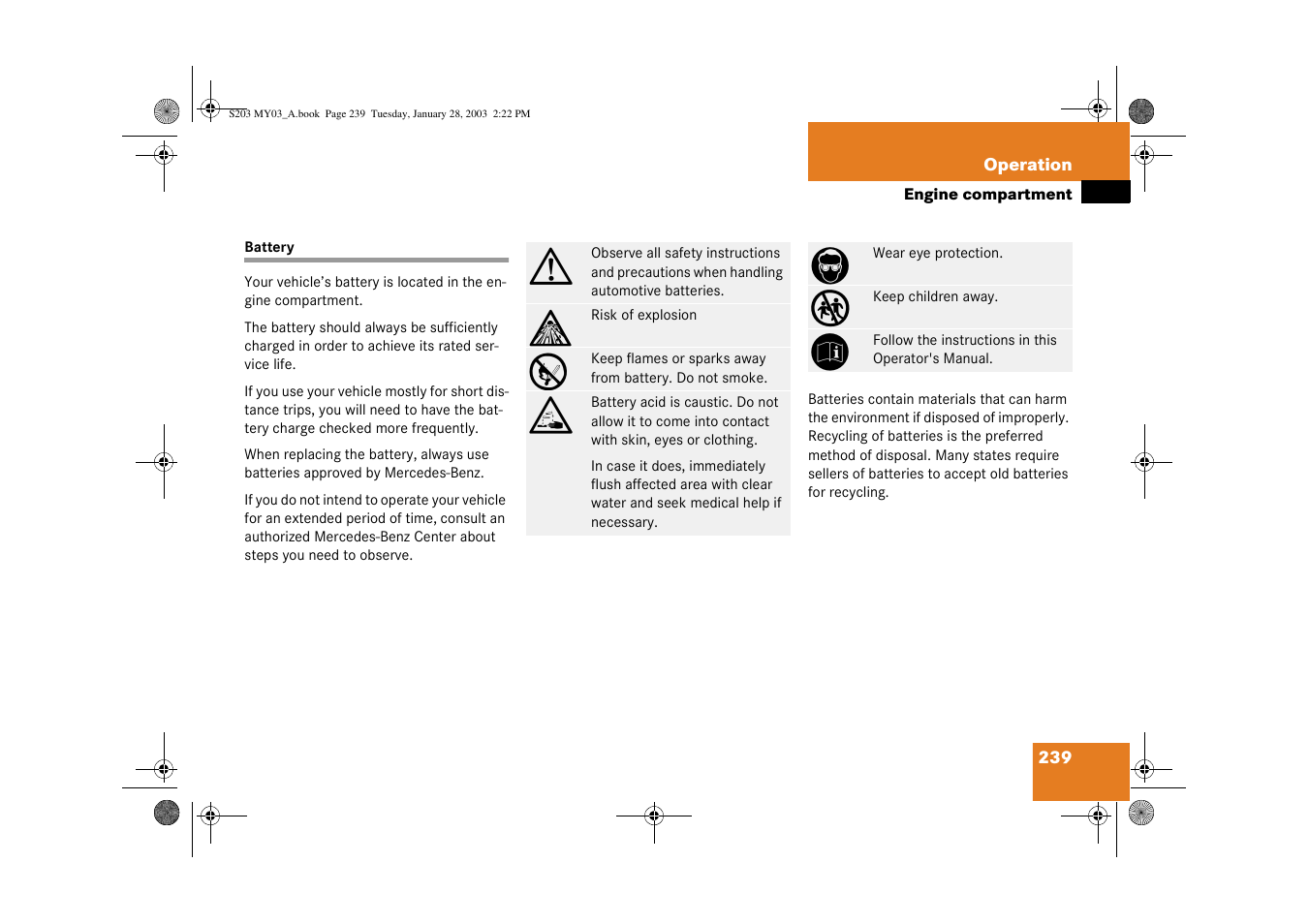 Battery, vehicle | Mercedes-Benz 2003 C 240 4MATIC User Manual | Page 233 / 370