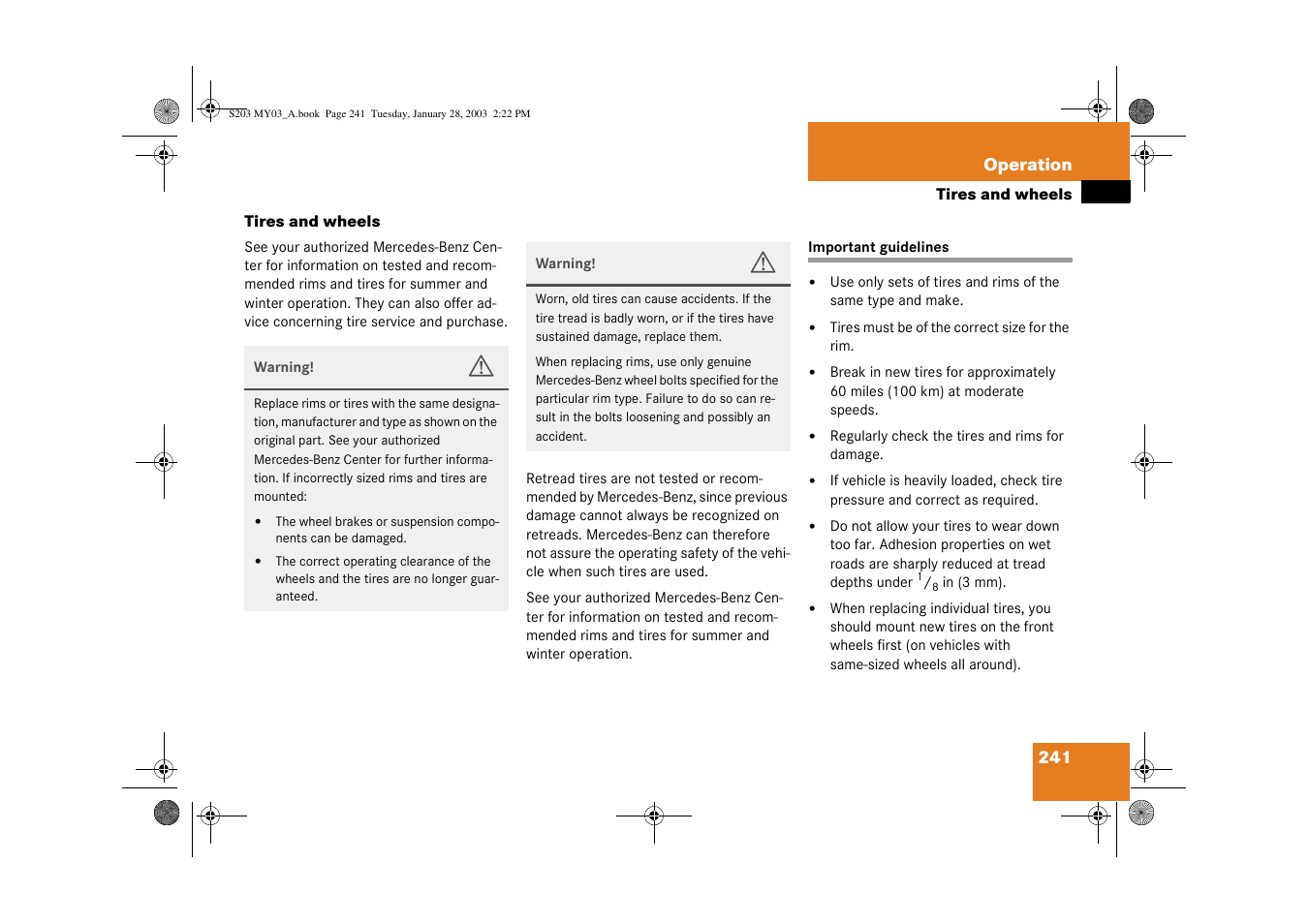 Tires;wheels:tires and wheels, Important guidelines, Tires and wheels | Mercedes-Benz 2003 C 240 4MATIC User Manual | Page 235 / 370