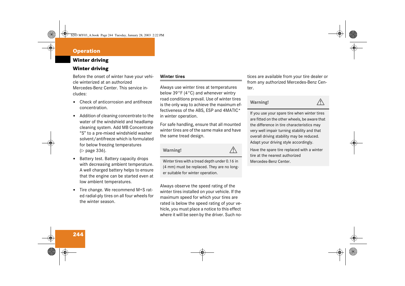 Winter driving, Winter driving:tires;tires:winter;winter tires, R see “winter tires | S, see “winter tires | Mercedes-Benz 2003 C 240 4MATIC User Manual | Page 238 / 370