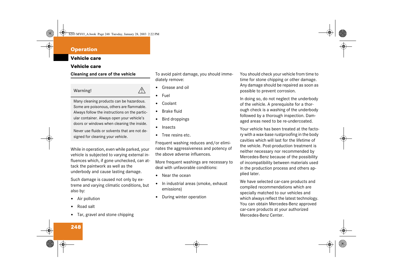 Vehicle care, Washing the vehicle | Mercedes-Benz 2003 C 240 4MATIC User Manual | Page 242 / 370