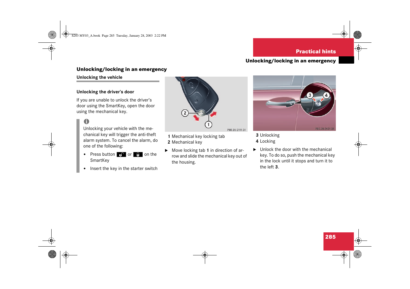 Unlocking the vehicle, Unlocking/locking in an emergency | Mercedes-Benz 2003 C 240 4MATIC User Manual | Page 279 / 370