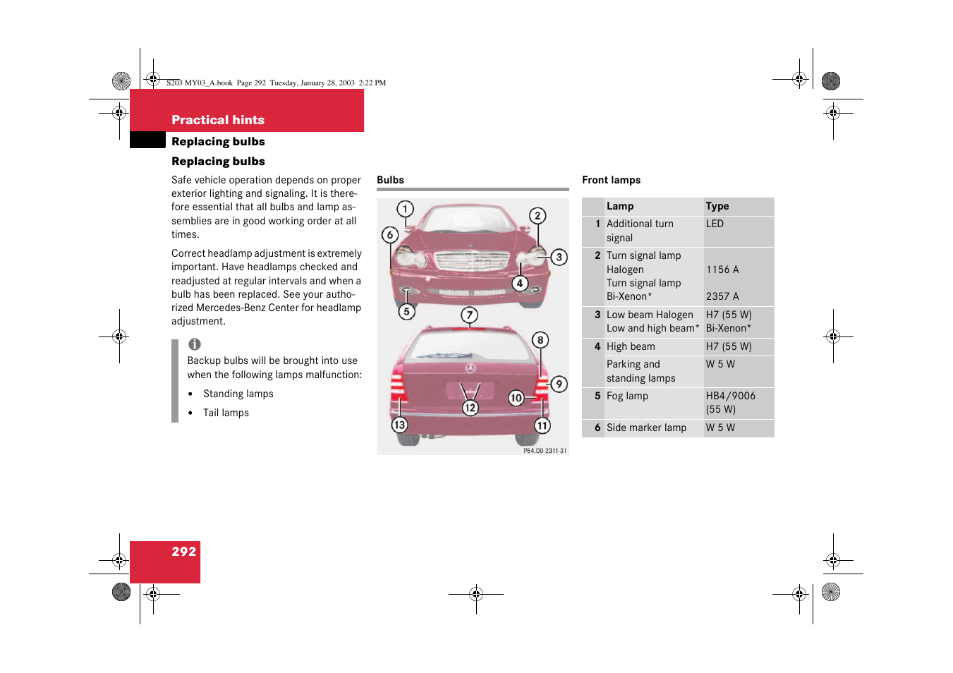 Bulbs, replacing;replacing:bulbs, Bulbs, Replacing bulbs | Mercedes-Benz 2003 C 240 4MATIC User Manual | Page 286 / 370