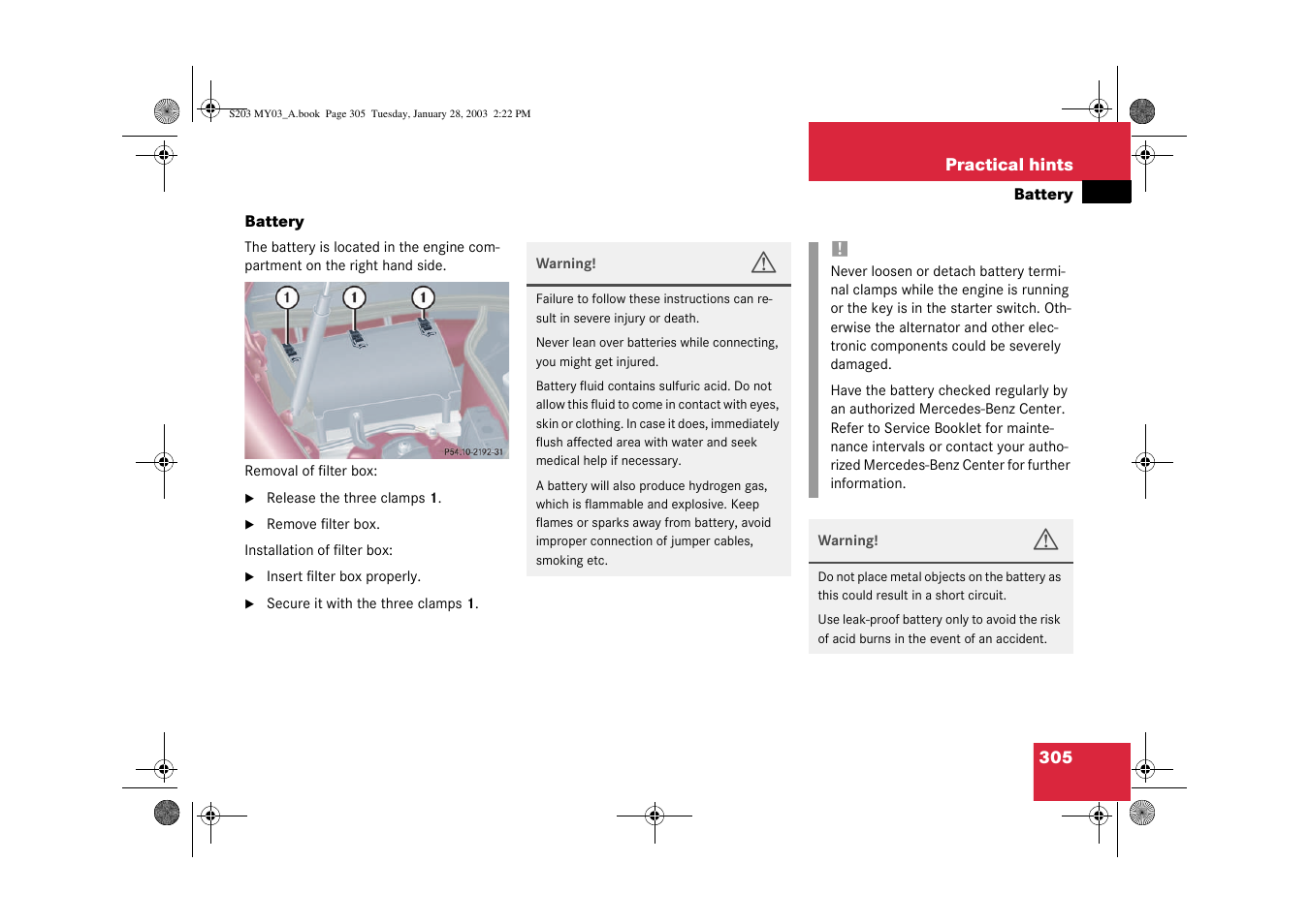 Battery | Mercedes-Benz 2003 C 240 4MATIC User Manual | Page 299 / 370