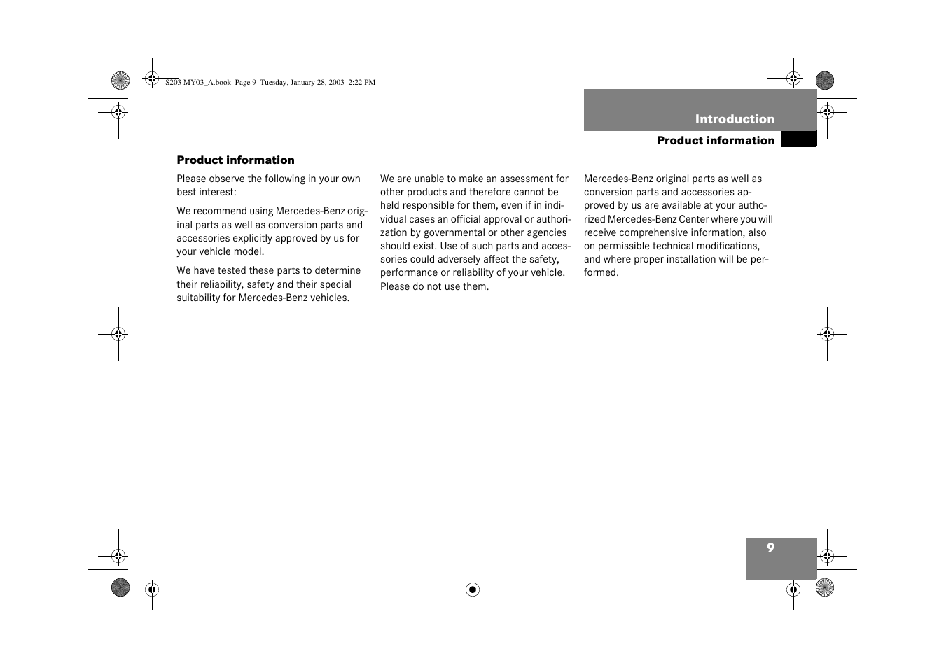 Introduction, Product information | Mercedes-Benz 2003 C 240 4MATIC User Manual | Page 3 / 370