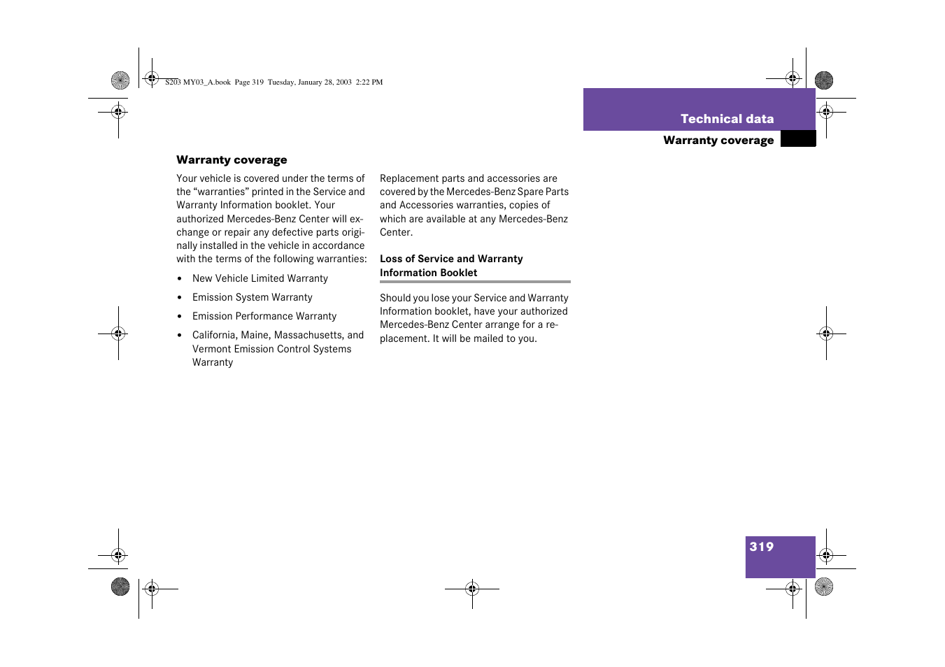 Warranty coverage | Mercedes-Benz 2003 C 240 4MATIC User Manual | Page 313 / 370