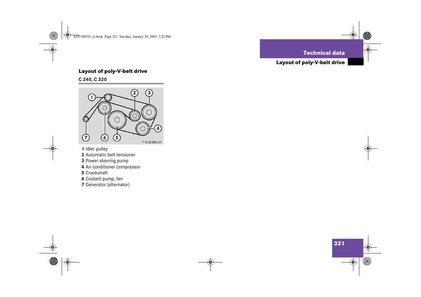 C240, c320, Layout of poly-v-belt drive | Mercedes-Benz 2003 C 240 4MATIC User Manual | Page 315 / 370