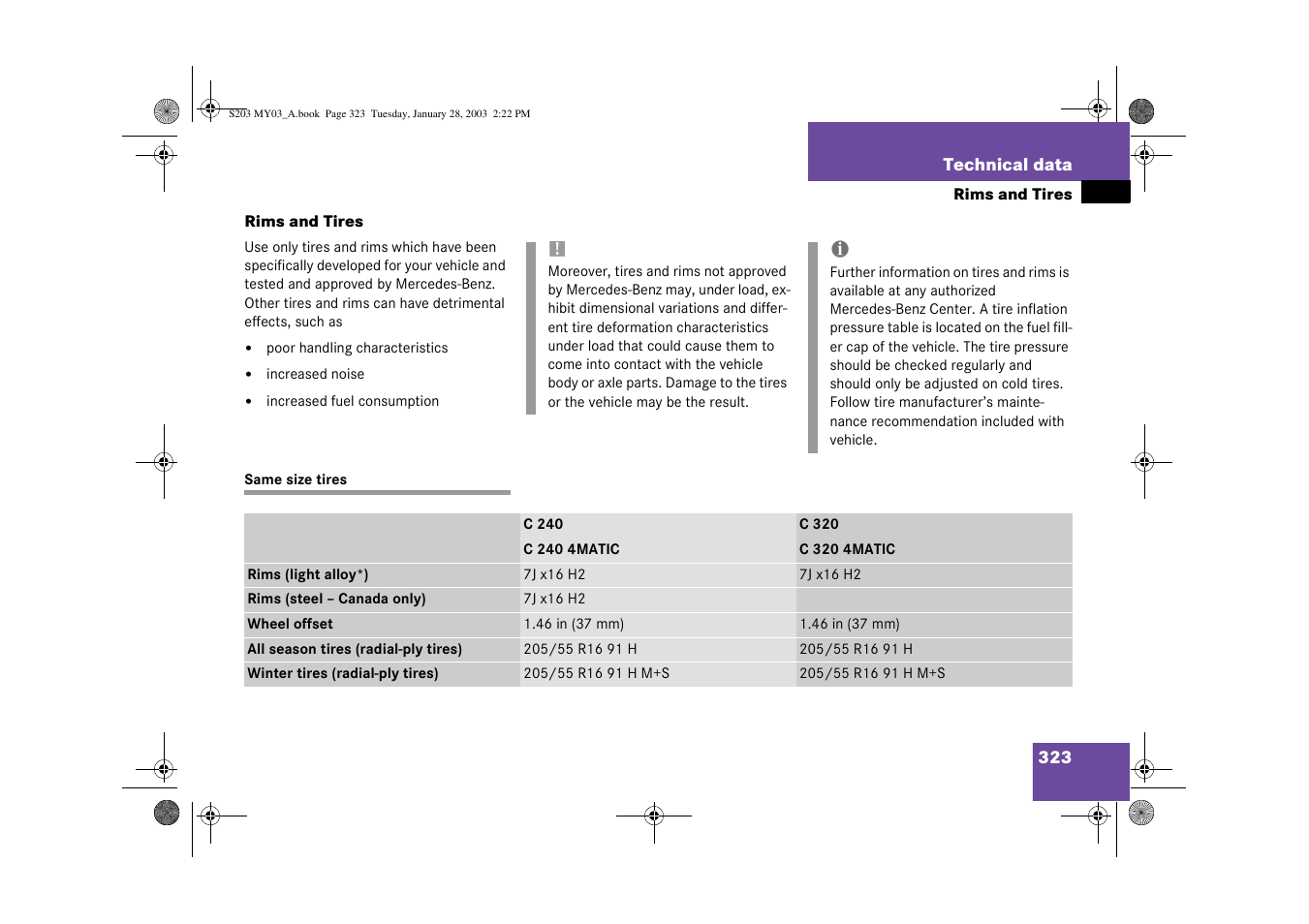 Same size tires, Rims and tires | Mercedes-Benz 2003 C 240 4MATIC User Manual | Page 317 / 370
