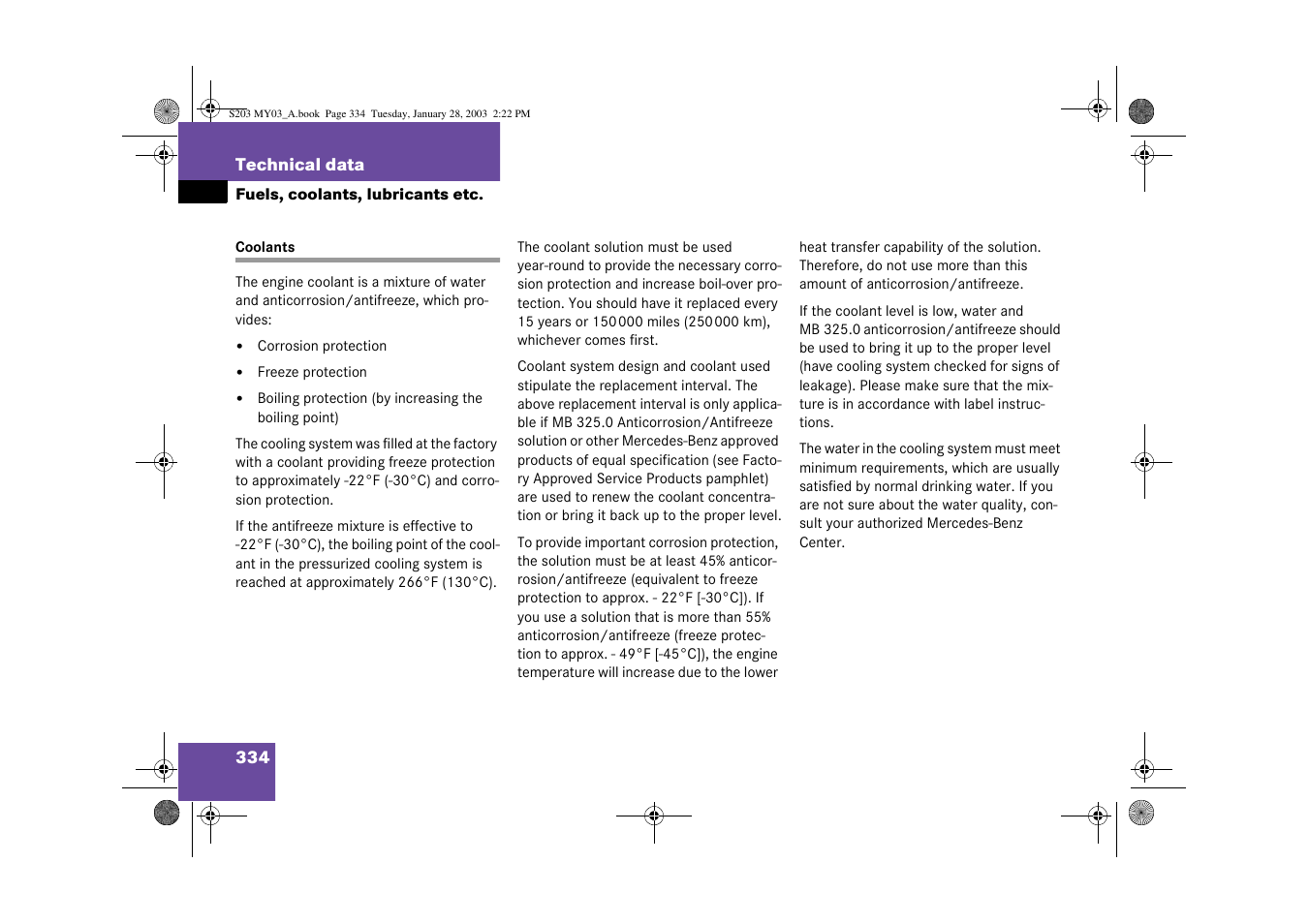 Coolant;technical data:coolants | Mercedes-Benz 2003 C 240 4MATIC User Manual | Page 328 / 370