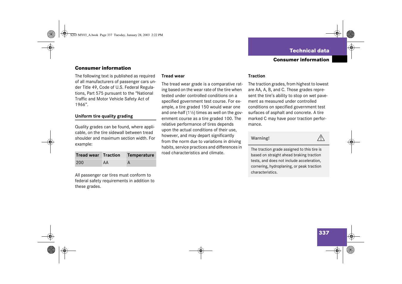 Consumer information;tires:consumer information, Uniform tire quality grading, Consumer information | Mercedes-Benz 2003 C 240 4MATIC User Manual | Page 331 / 370