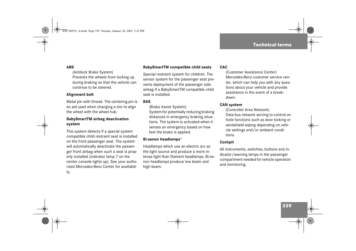 Technical terms | Mercedes-Benz 2003 C 240 4MATIC User Manual | Page 333 / 370